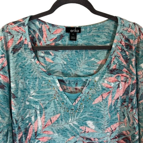 Erika Tropical Plus Size 3X Blouse Keyhole Studded Embellished Blue Pink Leaves - Picture 3 of 7